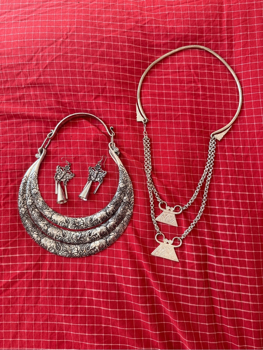 Hmong, Lao Silver-Tone Necklace and Earring Set - Women Jewelry
